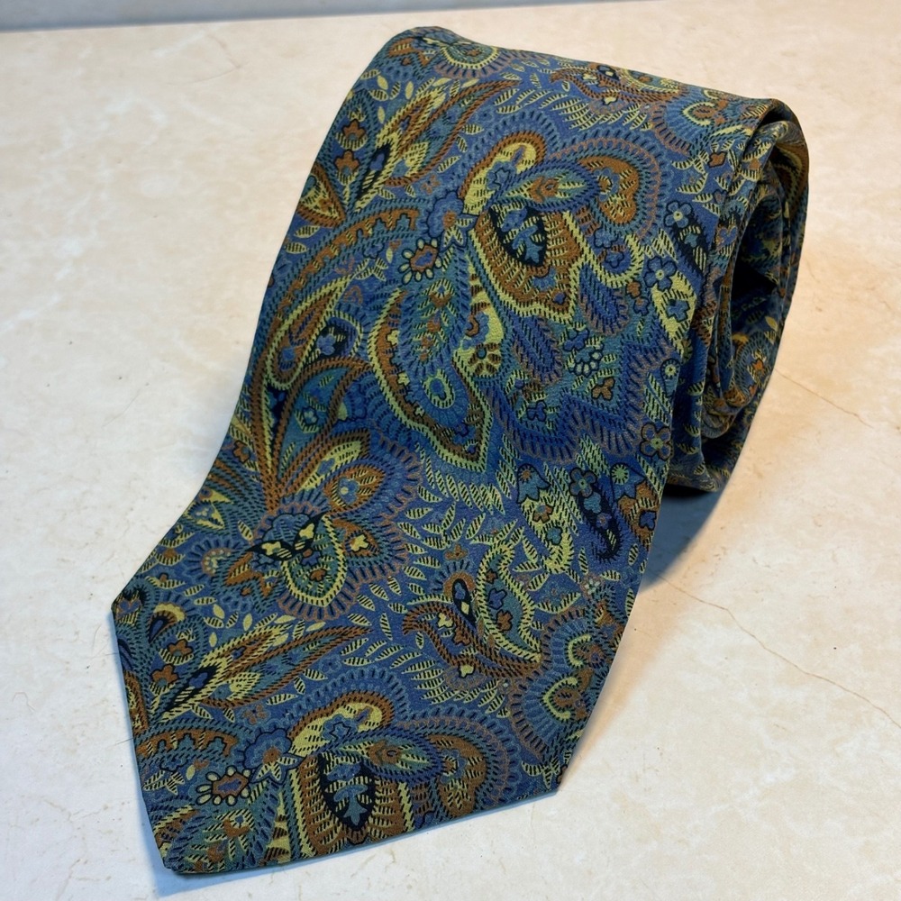 VTG Enrico Capucci Blue Gold Paisley Silk Tie Hand Made in Italy Necktie Office‎